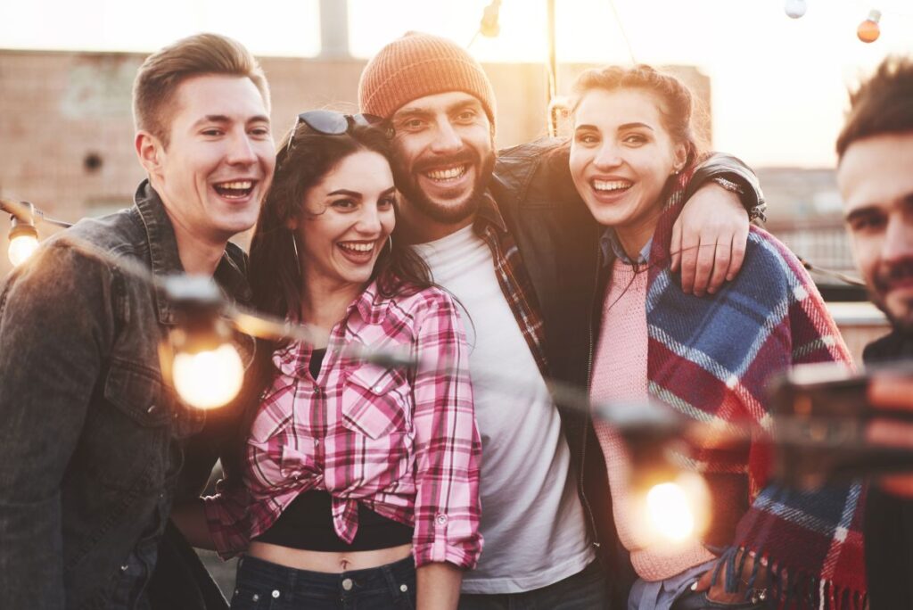 Happy college friends in the city